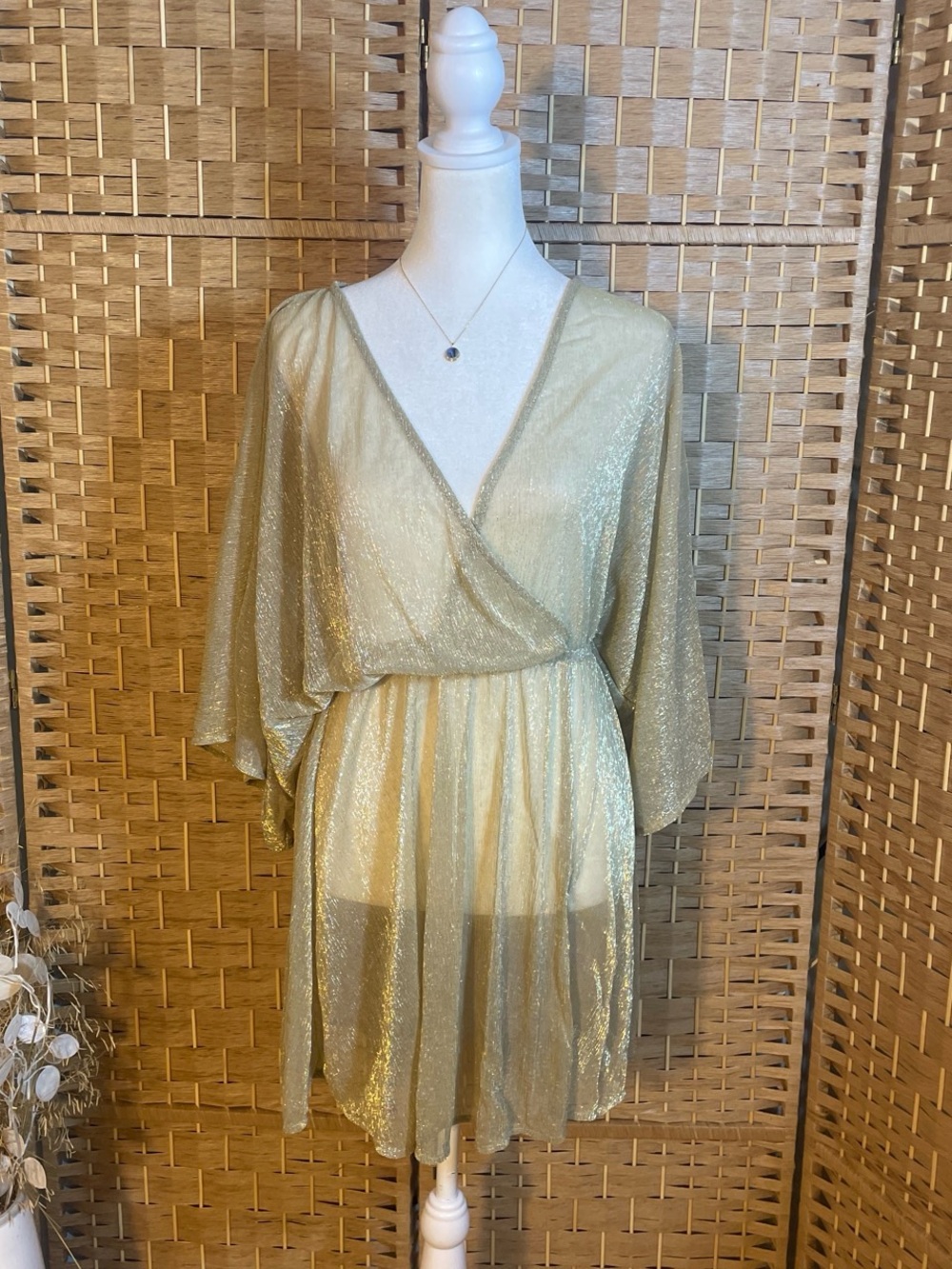 Sheer Metallic Gold Wrap Mini Dress Blouse